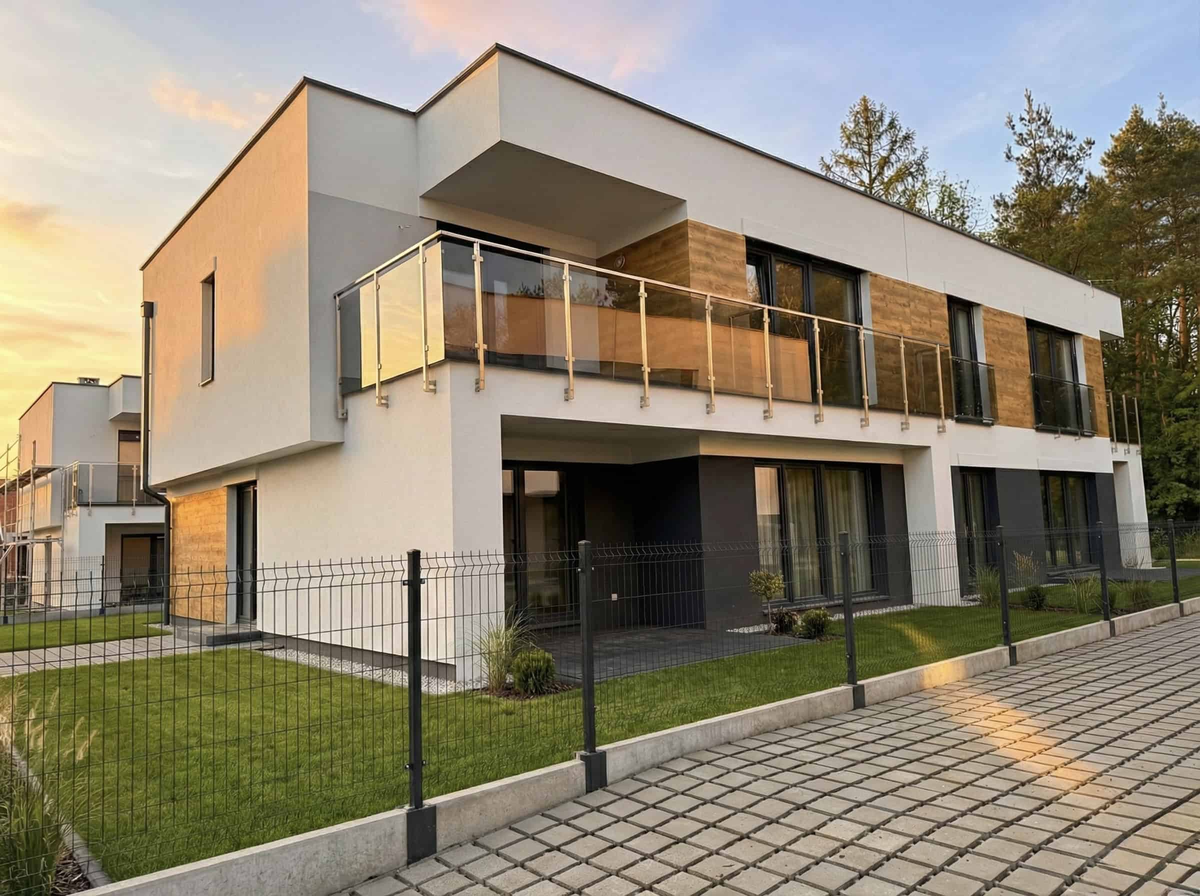 Nowoczesny dom z balkonem, duże okna i zielony ogród, idealny do zamieszkania w spokojnej okolicy.